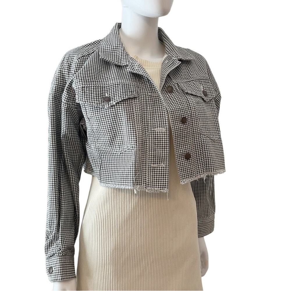 Princess Polly Houndstooth Cotton Cropped Frayed Denim Jacket Sz 4